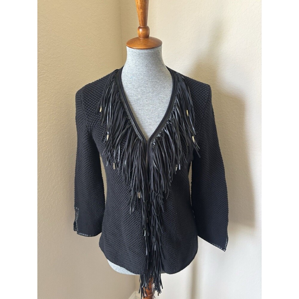 Chicos Women's Size 0 Small Black Fringed Rose 3/4 Sleeve Knit Cardigan
